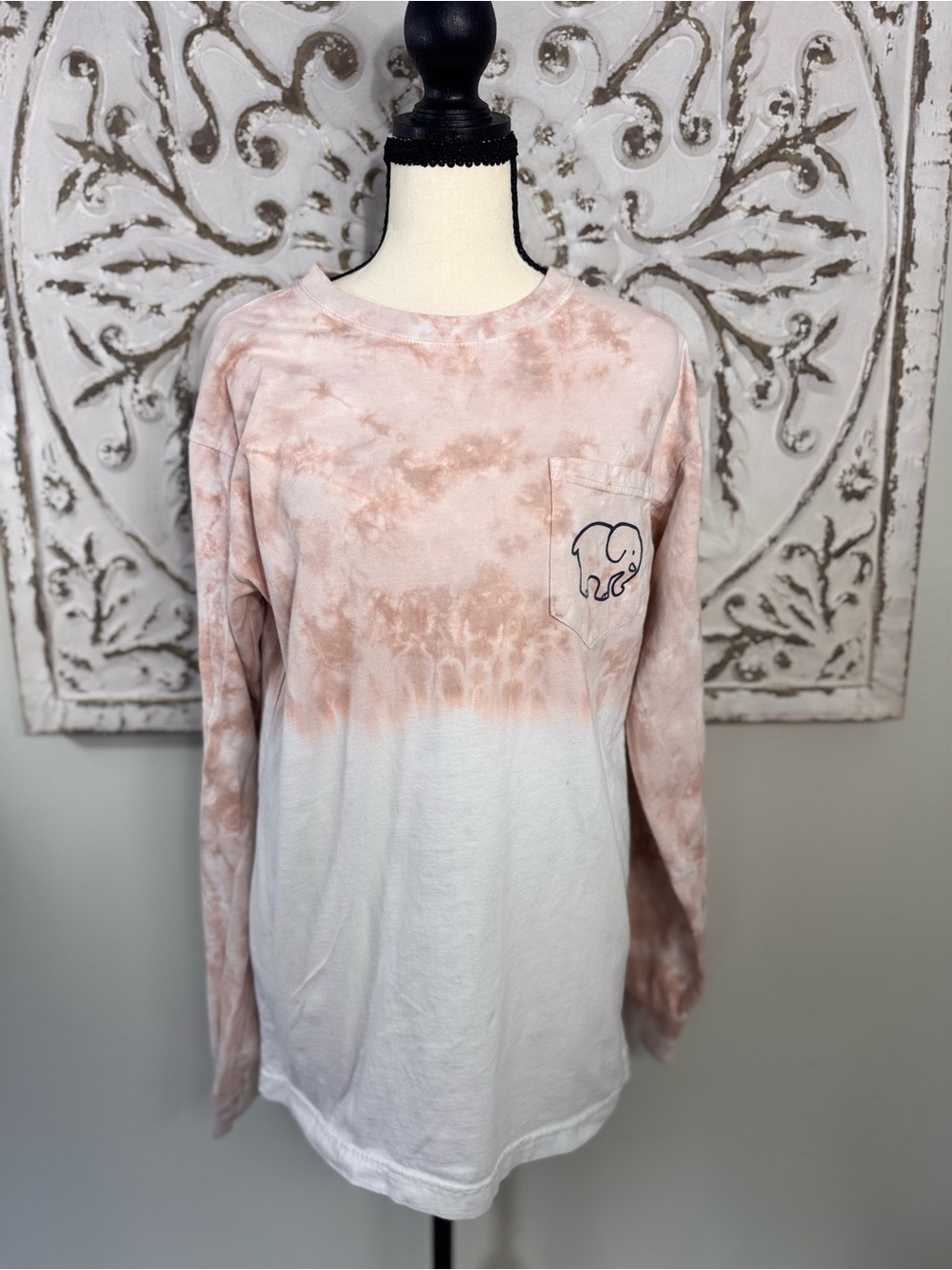 Ivory Ella M Pink Blush Tie Dye Long Sleeve Pocket Tee Elephant Logo 100% Cotton